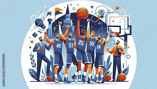 Dynamic illustrated sports team celebrating victory on a basketball court