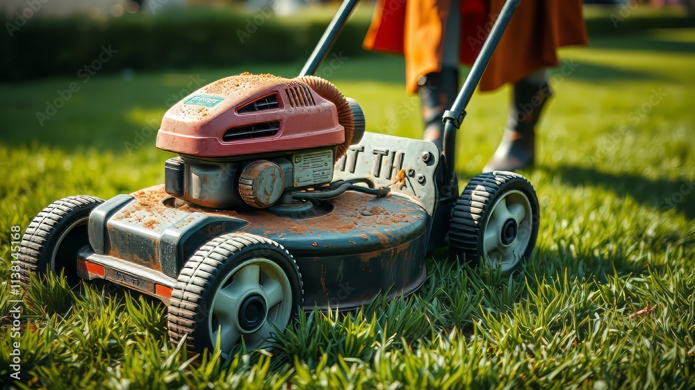 Fototapeta premium Dirty Lawn Mower on Green Grass - AI Photorealistic Landscape