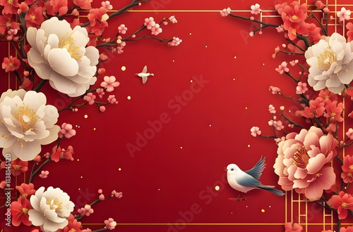 Red background with white and red blossoms and birds