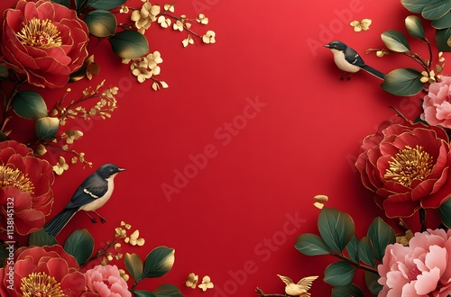 Red Flowers Gold Birds Elegant Festive Design photo