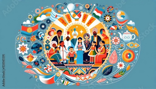Illustration of multicultural celebration with diverse elements and vibrant colors