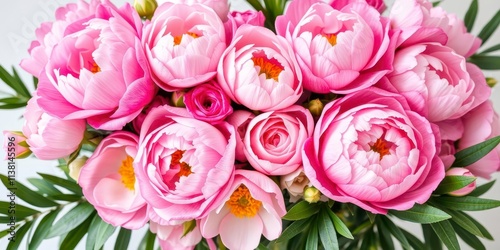 Fototapeta Naklejka Na Ścianę i Meble -  A beautiful arrangement of vibrant pink peonies and roses perfect for background design, vibrant, arrangement