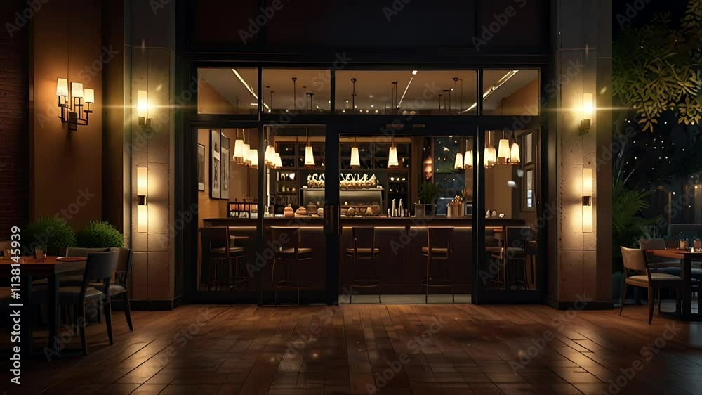 Cozy atmosphere in front of the restaurant at night. Seamless 4K looping timelapse video animation background