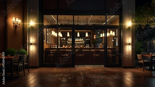 Cozy atmosphere in front of the restaurant at night. Seamless 4K looping timelapse video animation background