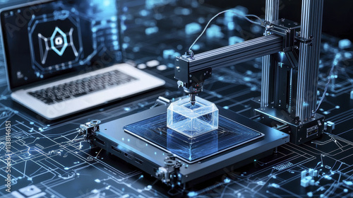 3D printing workstation with printer creating transparent cube, surrounded by digital interface elements. setup showcases modern technology and innovation