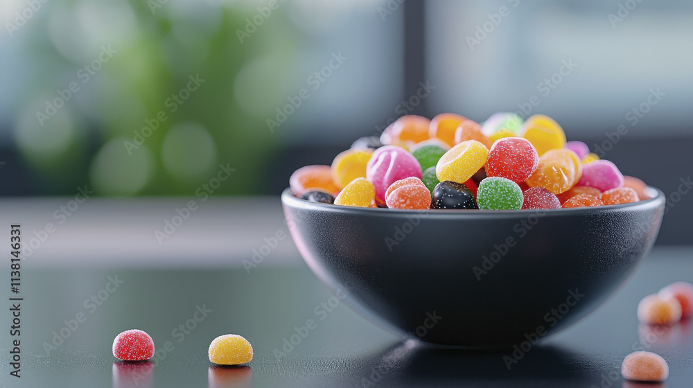 Colorful bowl of gummy candies on table, showcasing vibrant sweets that evoke joy and nostalgia. Perfect for celebrations or sweet treat Colorful bowl of gummy candies on table, showcasing vibrant sweets that evoke joy and nostalgia. Perfect for celebrations or sweet treat