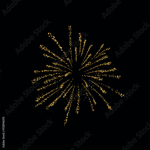 Golden fireworks, background explosion, burst plume golden , crumbs. Isolated gold dust. Celebration jewelry, carefully placed by hand. Jewel confetti firework. Burning pyrotechnic. Vector.