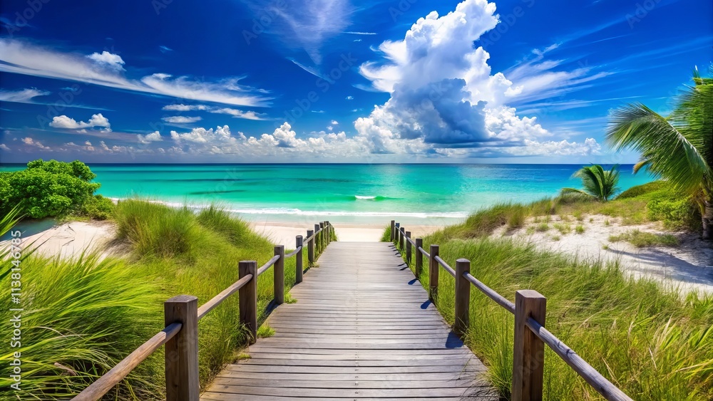Fototapeta premium Tropical Beach Walkway, Summer Paradise, Green Grass Path, Ocean View, Sunny Sky, Blue Water, White Sand, Coastal Landscape, Idyllic Seascape, Vacation Destination