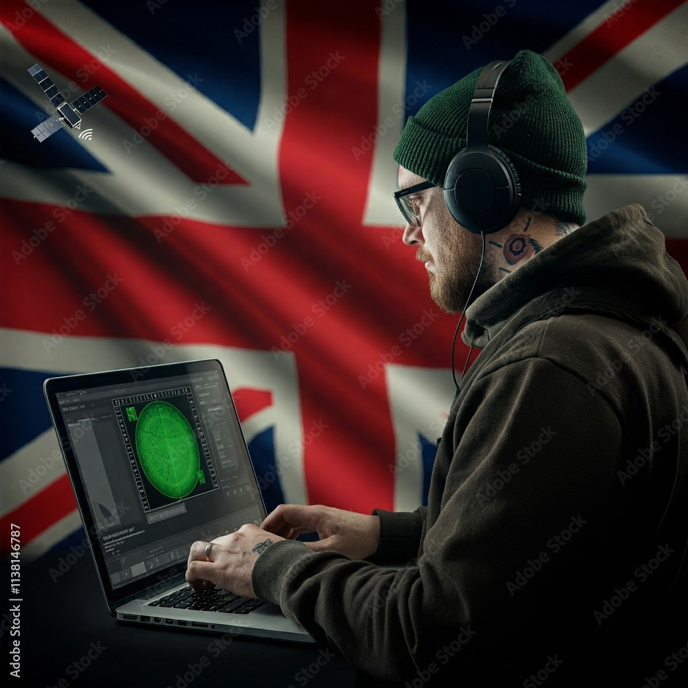 Man in headphones working with a laptop. British intelligence, MI6, Secret Intelligence Service Man in headphones working with a laptop. British intelligence, MI6, Secret Intelligence Service