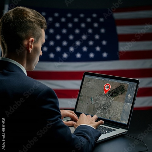 secret intelligence agent sitting with laptop in a dark room, american flag background