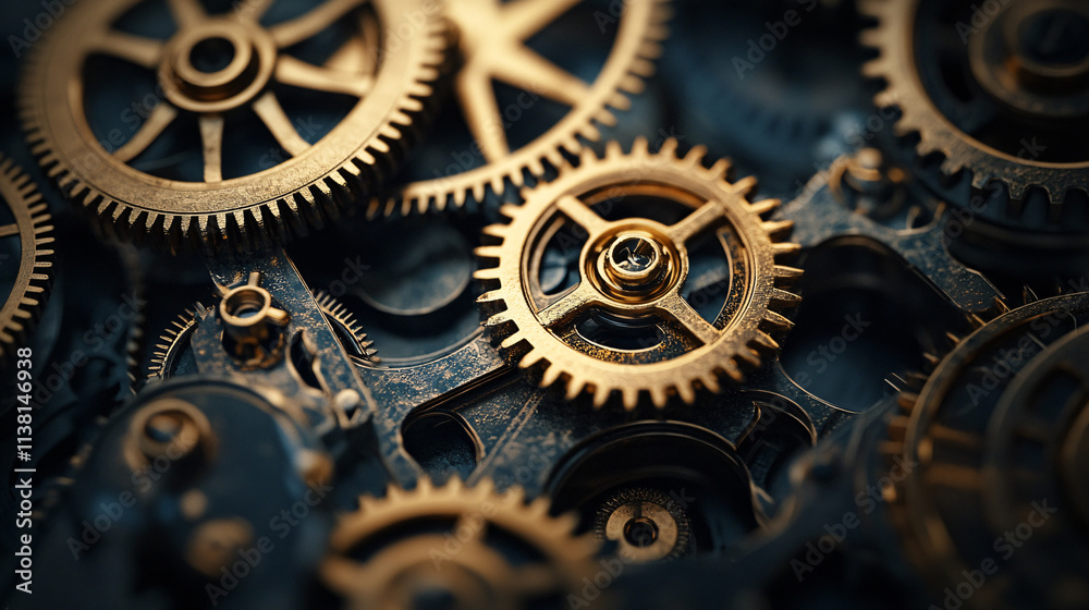 A close-up view of intricately designed golden gears, highlighting their mechanical beauty and functionality within a complex system. A close-up view of intricately designed golden gears, highlighting their mechanical beauty and functionality within a complex system.