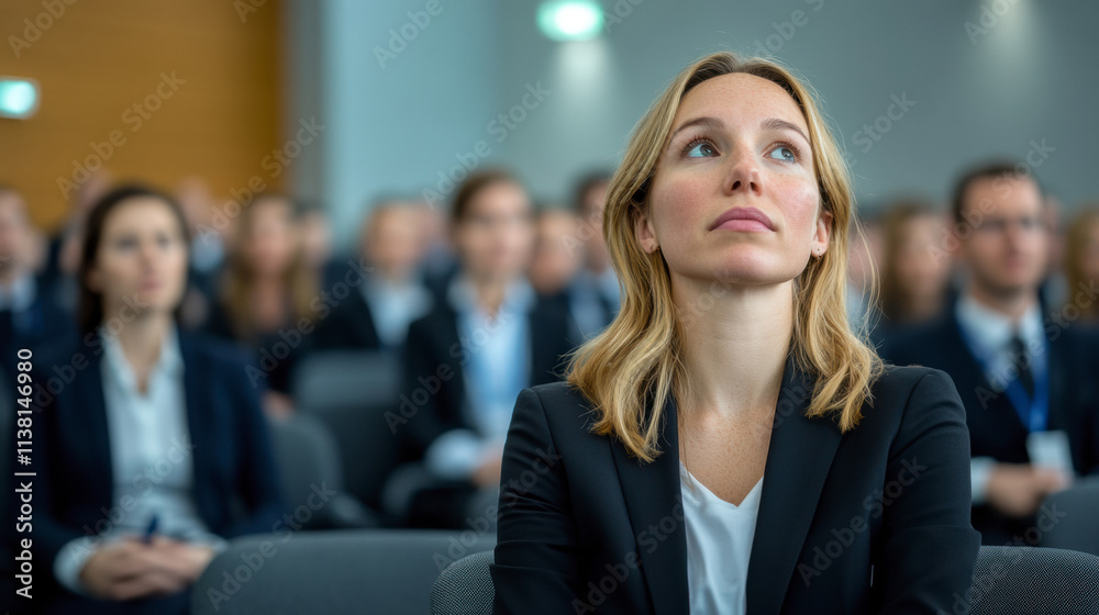 Business Professionals Engage in a Presentation While a Woman in Formal Attire Attentively Listens During a Conference in a Modern Venue Business Professionals Engage in a Presentation While a Woman in Formal Attire Attentively Listens During a Conference in a Modern Venue