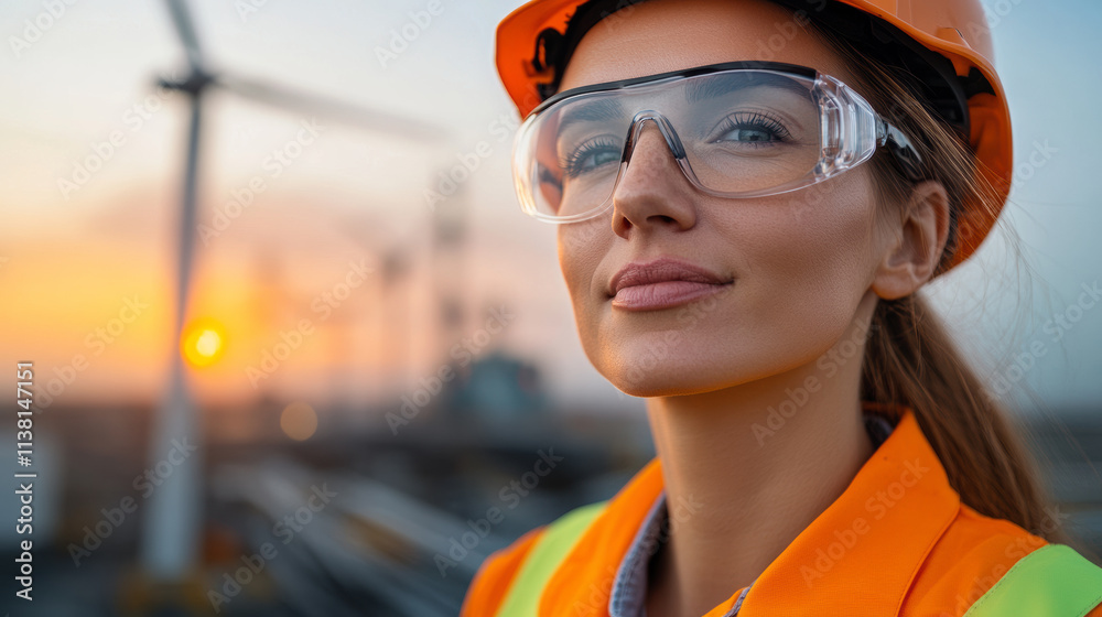 Woman in Safety Gear Poses Confidently at Sunset With Wind Turbines in the Background, Showcasing Her Role in the Renewable Energy Sector Woman in Safety Gear Poses Confidently at Sunset With Wind Turbines in the Background, Showcasing Her Role in the Renewable Energy Sector