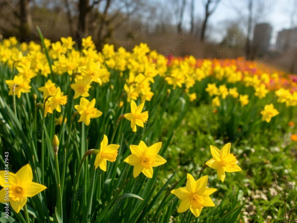 Obraz premium Beautiful daffodil flowers blooming in a sunlit field with lush greenery, yellow, garden, blossom