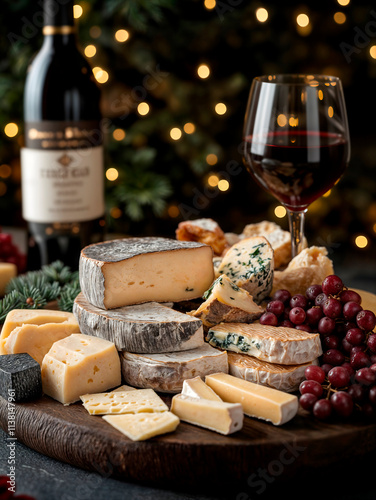 Beautiful layout of fresh cheese board and wine on a kitchen table after a dinner party
