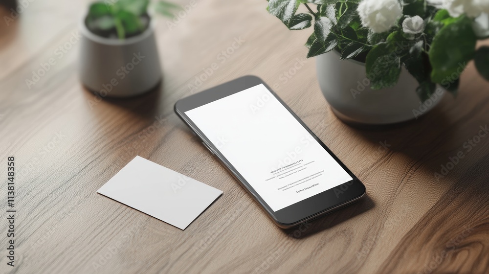 Business Card on Table with Smartphone and Plants Business Card on Table with Smartphone and Plants