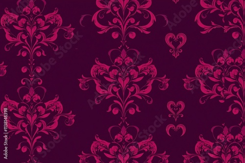 Crimson Damask: A luxurious and intricate damask pattern in a deep burgundy hue. The repeating motif features elegant swirls and floral elements, creating a rich and sophisticated backdrop.