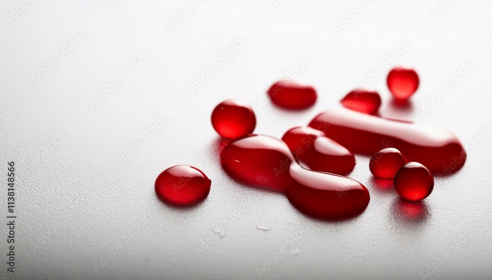 Blood drops on a white surface, symbolizing health, life, and medicine.