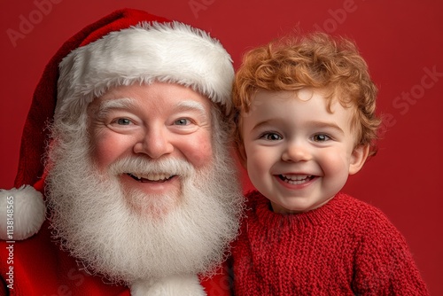 Happy yuletide, attractive child boy! copy space. Isolated white child boy in santaâ€™s chair on red background. Christmas kid inspiration. Cute santa image. Santa lap design. Santa lap shoot. photo