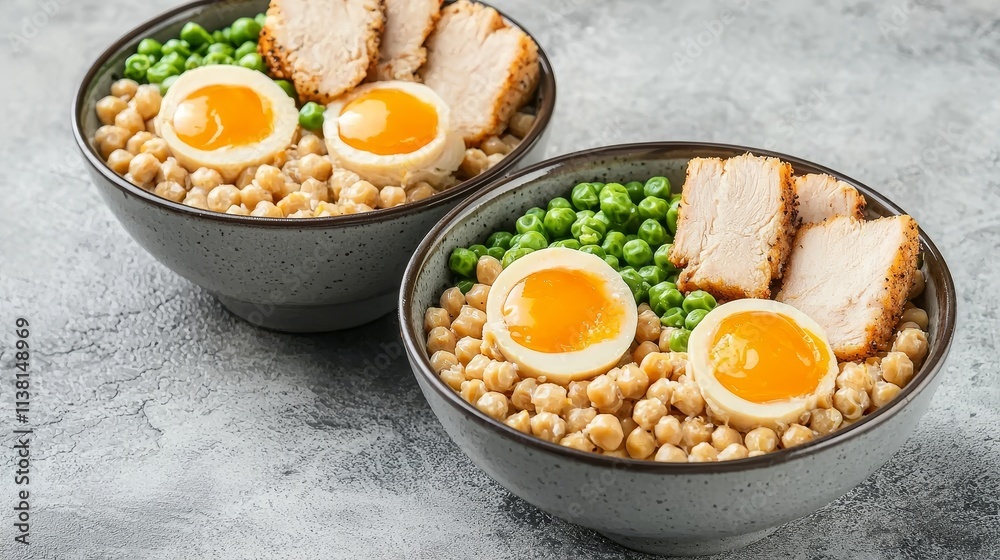 Delicious Chicken and Chickpea Bowls with Soft Boiled Eggs and Peas Delicious Chicken and Chickpea Bowls with Soft Boiled Eggs and Peas