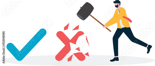 Man hammering the red button which means refuse, illustration for making a decision.

