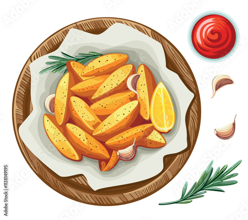 Baked country style potato wedges with rosemary and sauce. Vector illustration