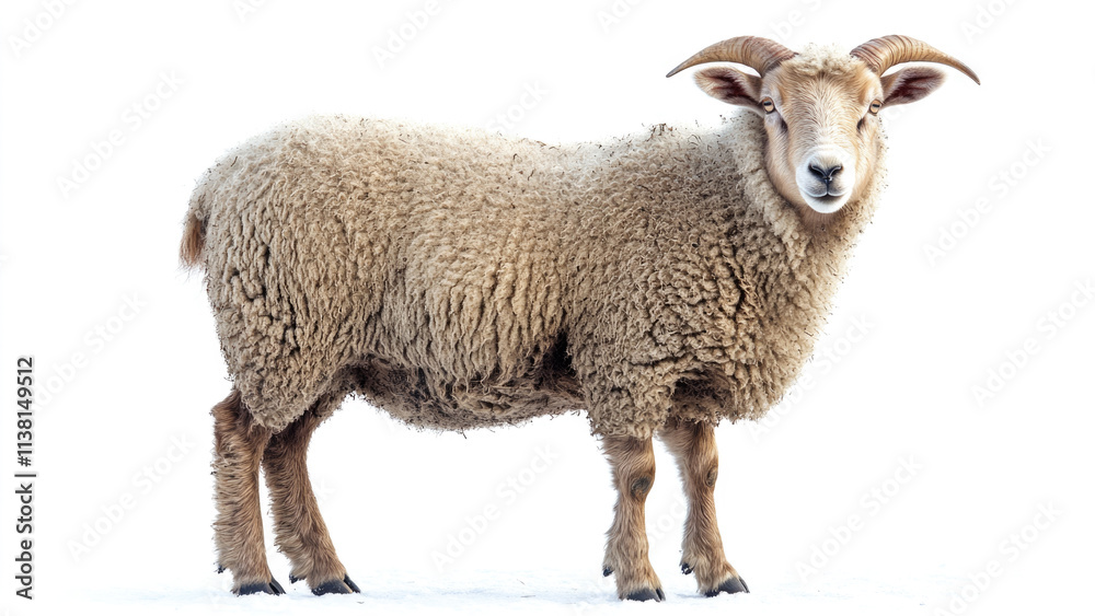 Portrait of a Woolly Sheep with Curved Horns on a White Background Portrait of a Woolly Sheep with Curved Horns on a White Background