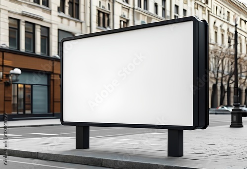 A blank billboard mockup stands prominently on a city street, awaiting an advertisement