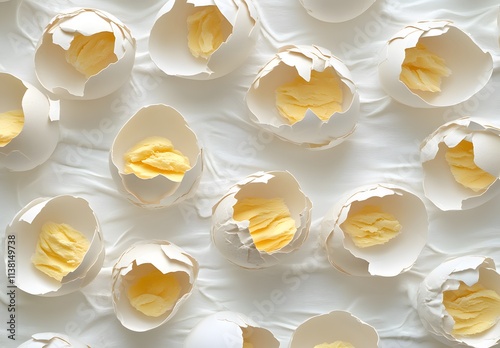 Broken eggshells filled with pale yellow butter photo