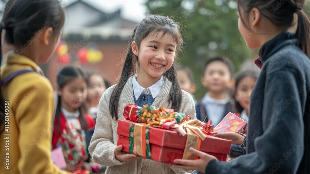 A touching farewell ceremony at a school with students and teachers exchanging gifts and well wishes A touching farewell ceremony at a school with students and teachers exchanging gifts and well wishes