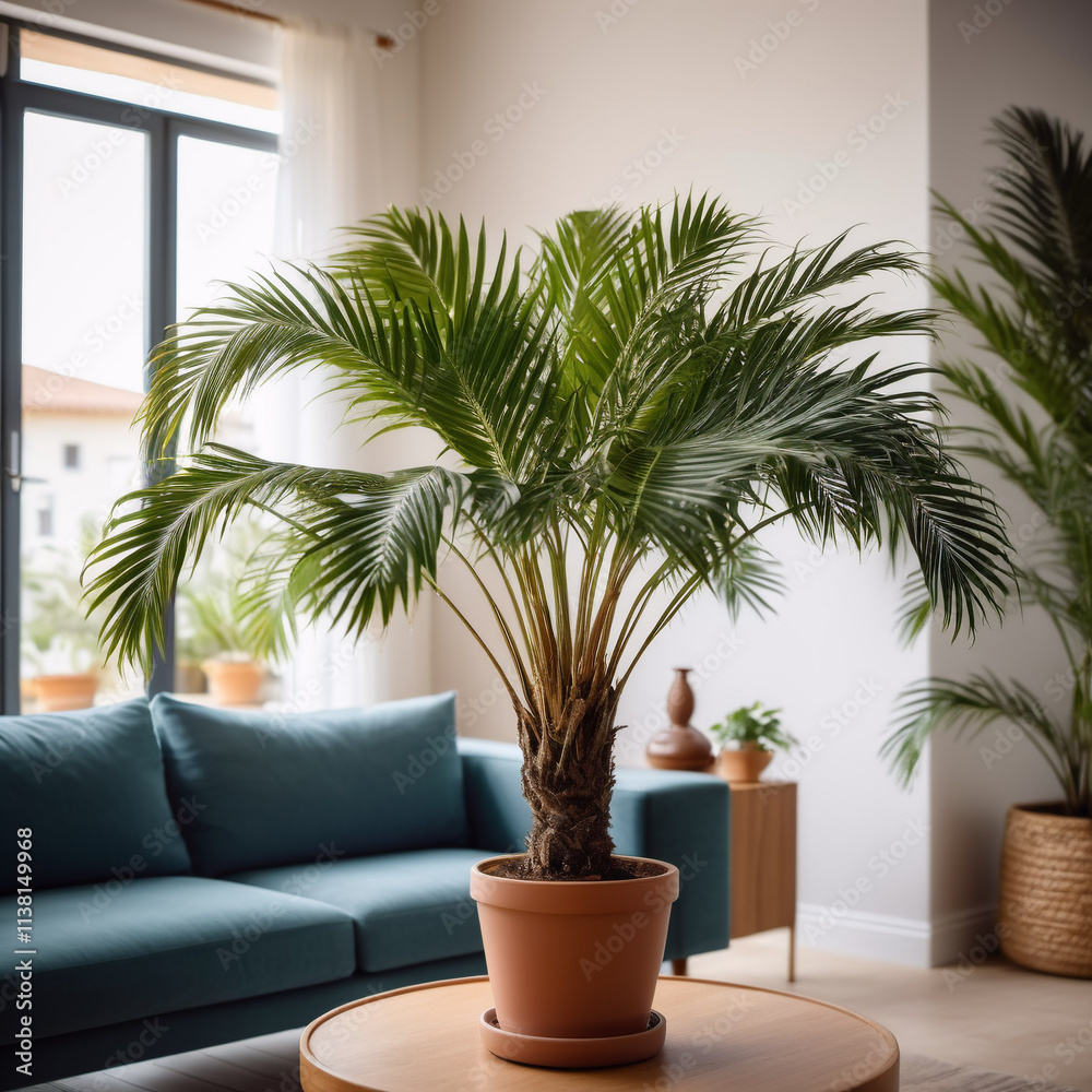 Zimmerpflanzen - Großer Palmwedel in einem hellen Wohnraum Zimmerpflanzen - Großer Palmwedel in einem hellen Wohnraum