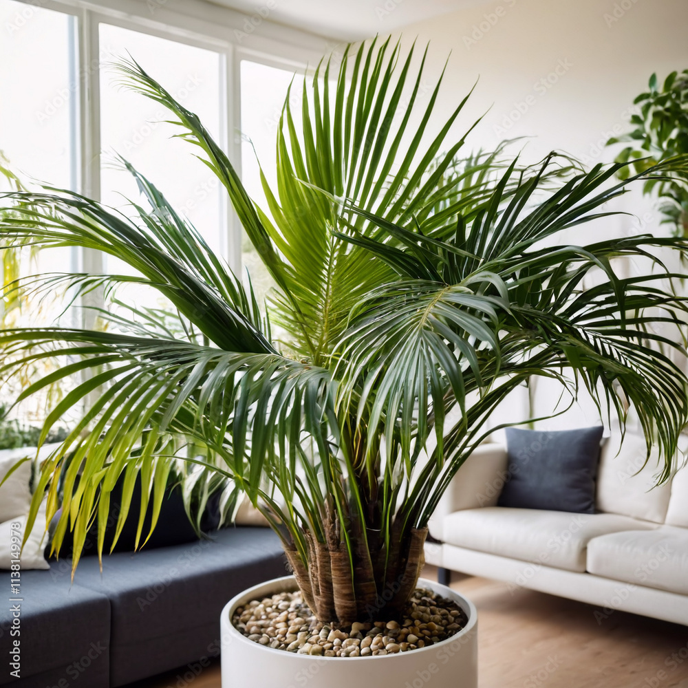 Fototapeta premium Zimmerpflanzen - Wohnzimmer mit exotischer Palme in der Ecke