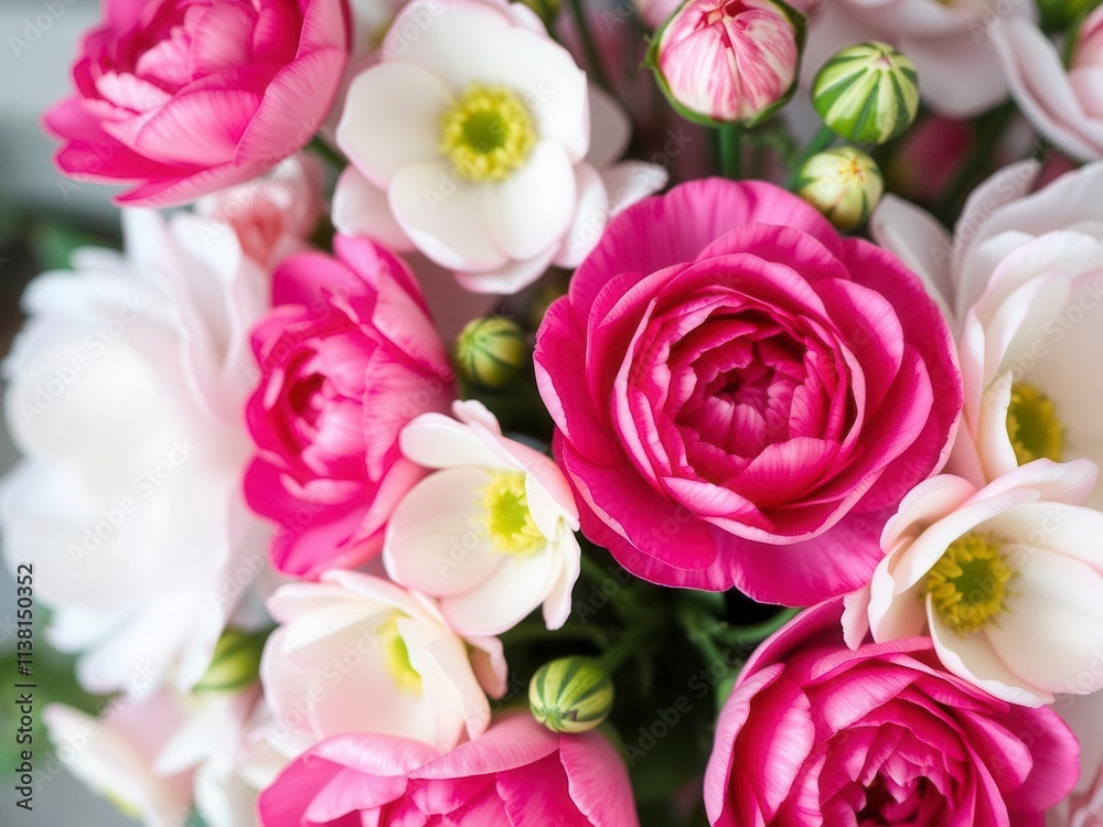 Close-up of delicate pink and white ranunculus flowers, pastel, elegant Close-up of delicate pink and white ranunculus flowers, pastel, elegant