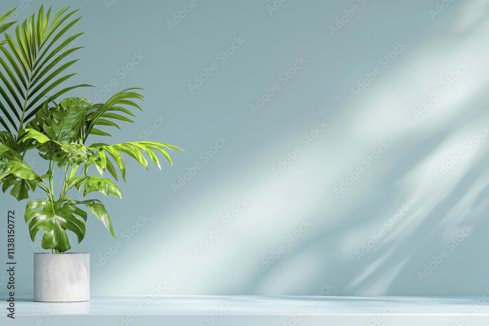 lush green plant in modern pot against soft blue wall, creating serene atmosphere. natural light casts gentle shadows, enhancing tranquil setting lush green plant in modern pot against soft blue wall, creating serene atmosphere. natural light casts gentle shadows, enhancing tranquil setting