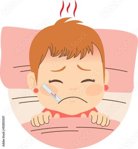 Sick girl with thermometer on mouth ill on bed vector illustration. Female baby showing Covid symptoms with fever