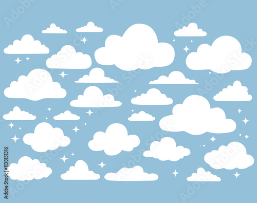 Cartoon cloud icon vector set. Blue sky with white clouds