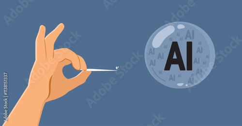 Male hand exploding bubble with AI text vector illustration. Metaphor of lowering expectations on new technology