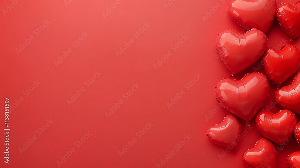 Heart shaped balloons on red background, flat lay with copy space. Saint Valentine's day celebration Heart shaped balloons on red background, flat lay with copy space. Saint Valentine's day celebration