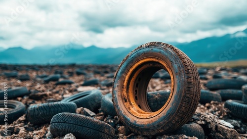 A desolate landscape filled with abandoned cars and piles of tires, symbolizing the effect of waste accumulation and pollution.