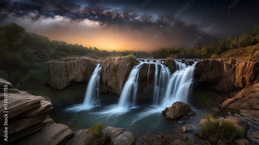 A waterfall with a sky that has stars in it.