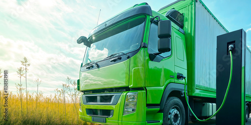 Large green commercial electric lorry being charged at an electric charging point concept