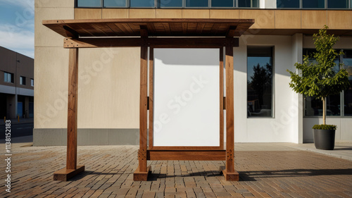 blank white mock-up of wooden sign the shape of the letter “A” stands on the sidewalk outside store,ready to display advertisements or promotional messages.Blank mockup of a promotional pole sign photo