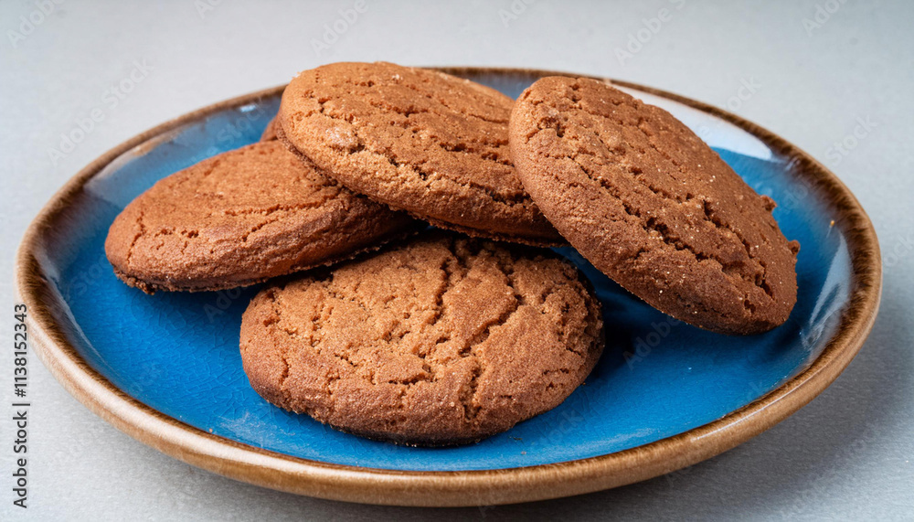 Closeup of Round, Brown, Cookies on a Blue Plate and Copy Space Closeup of Round, Brown, Cookies on a Blue Plate and Copy Space