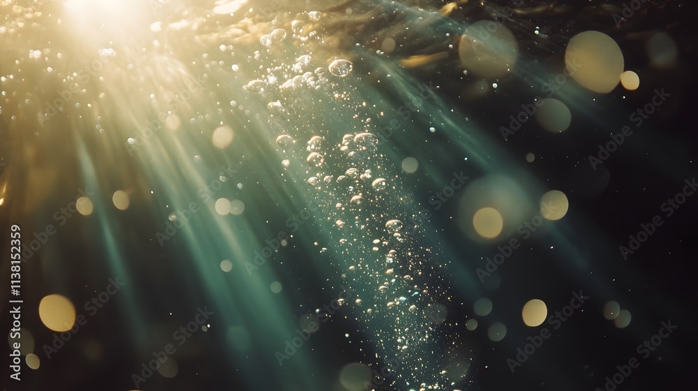 Underwater Sunbeams Illuminating Rising Bubbles and Shimmering Particles Underwater Sunbeams Illuminating Rising Bubbles and Shimmering Particles