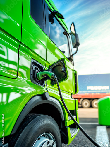 Large green commercial electric lorry being charged at an electric charging point concept
