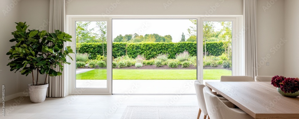 Fototapeta premium A bright, modern interior featuring a large window with a view of a lush garden, complemented by a minimalist dining area and a potted plant.