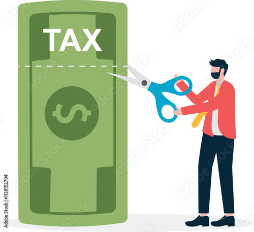 person sees scissors cutting part of a banknote with tax written on it, a metaphor for paying taxes
