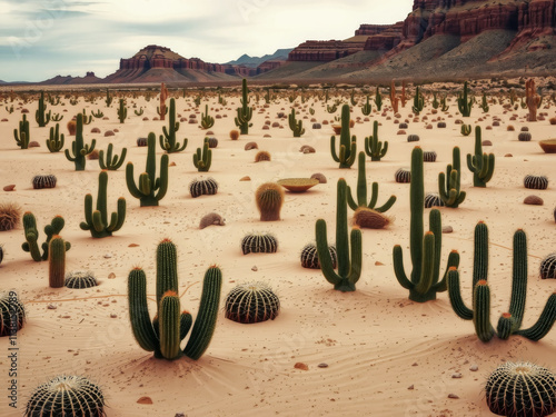 A desert scene with many cacti and a few rocks