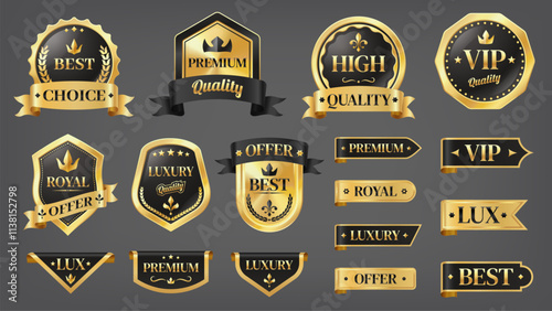 Golden luxury labels. Premium quality gold stickers and badges, shiny frames and emblems for product branding and certificate design. Vector collection