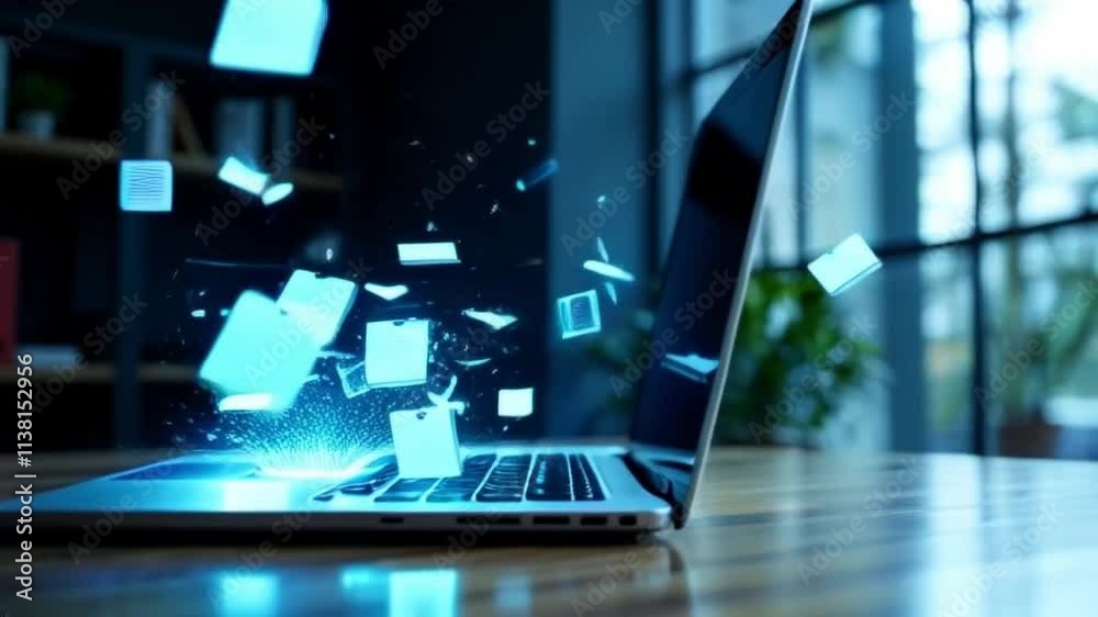 Futuristic laptop display with animated file folders spinning in 3D digital art style